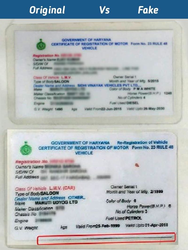Original RC vs Fake vehicle registration certificate