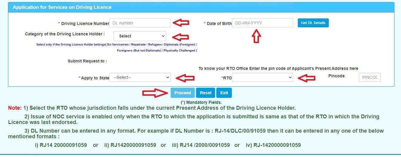 Step 9: Enter the required information in the Driving Licence Number, DOB, Category of the Driving Licence Holder, Apply to State, and RTO boxes. 