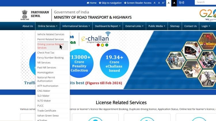 Click on “Driving Licence Related Services” and select your state
