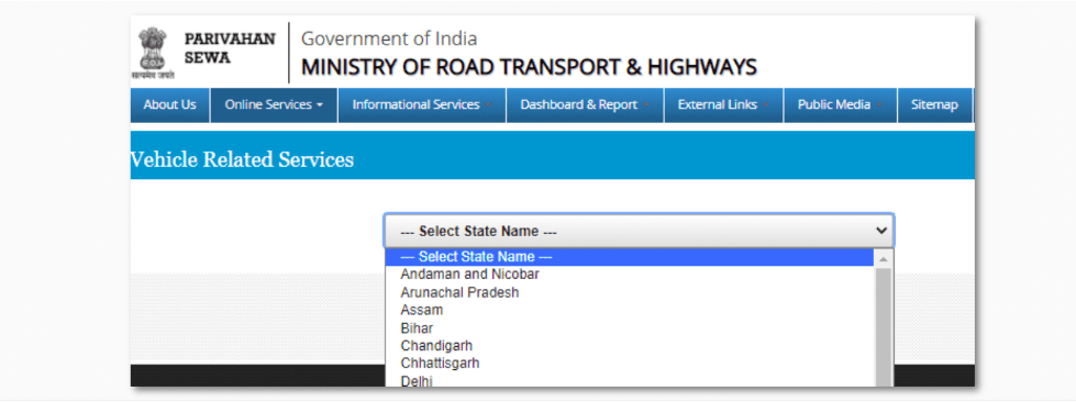 Select your state, registered RTO, and click on Apply for Transfer of Ownership, Change of Address, Hypothecation [Addition/Continuation/Termination], Duplicate RC).