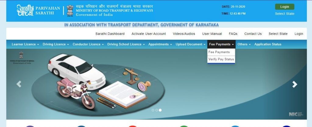 Step 4: Click on the “Select State Name” tab and choose Karnataka.

Step 5: Hover above the “Fee Payment” tab.