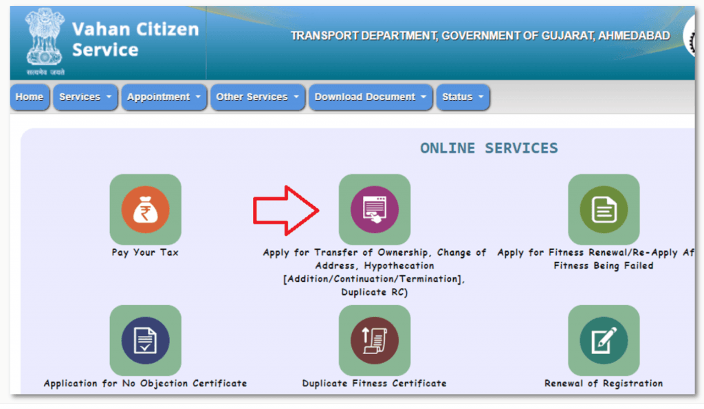Select Apply for Transfer of Ownership on mParivahan