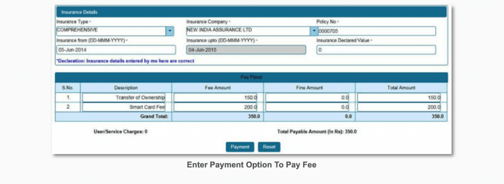 select a payment option to pay the fee of Transfer of Ownership on mParivahan